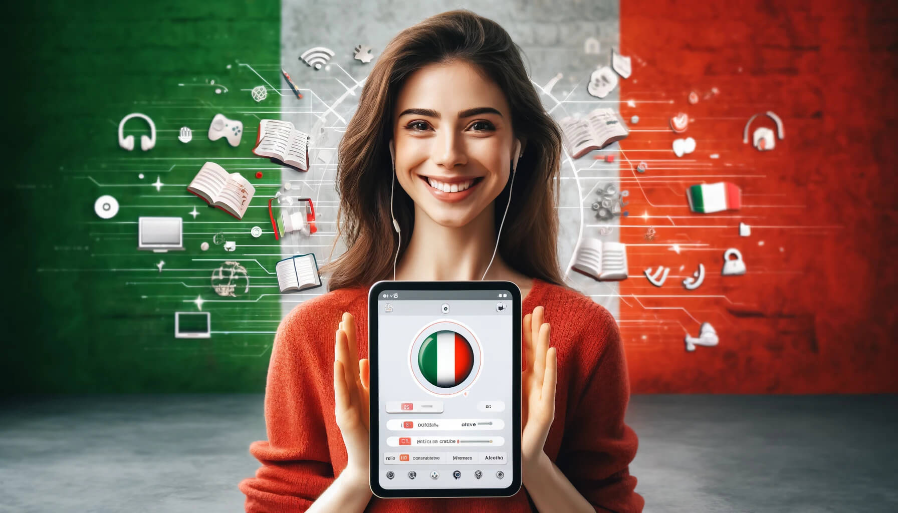 DALL·E 2024-04-09 16.34.32 – A bright, young woman stands in front of a digital backdrop inspired by the colors of the Italian flag (green, white, and red). She is smiling warmly, (1)