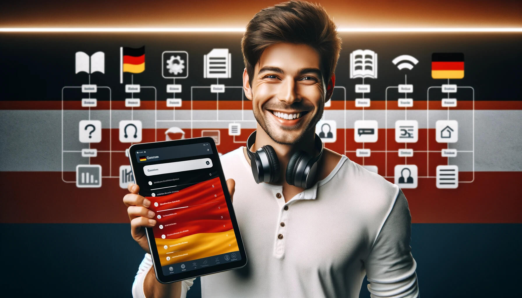 DALL·E 2024-04-09 15.28.10 – A cheerful, young man stands in front of a digital backdrop featuring the colors of the German flag (black, red, and gold). He is smiling broadly, exu (1)
