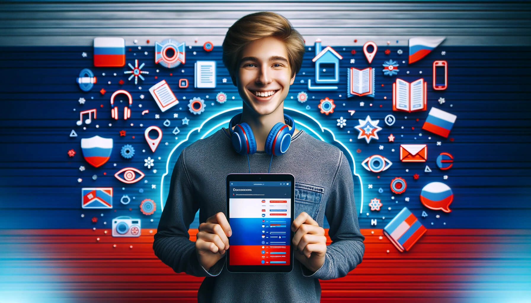 DALL·E 2024-04-09 16.12.04 – A vibrant, young person stands in front of a digital backdrop inspired by the colors of the Russian flag (white, blue, and red). They are smiling enga (1)