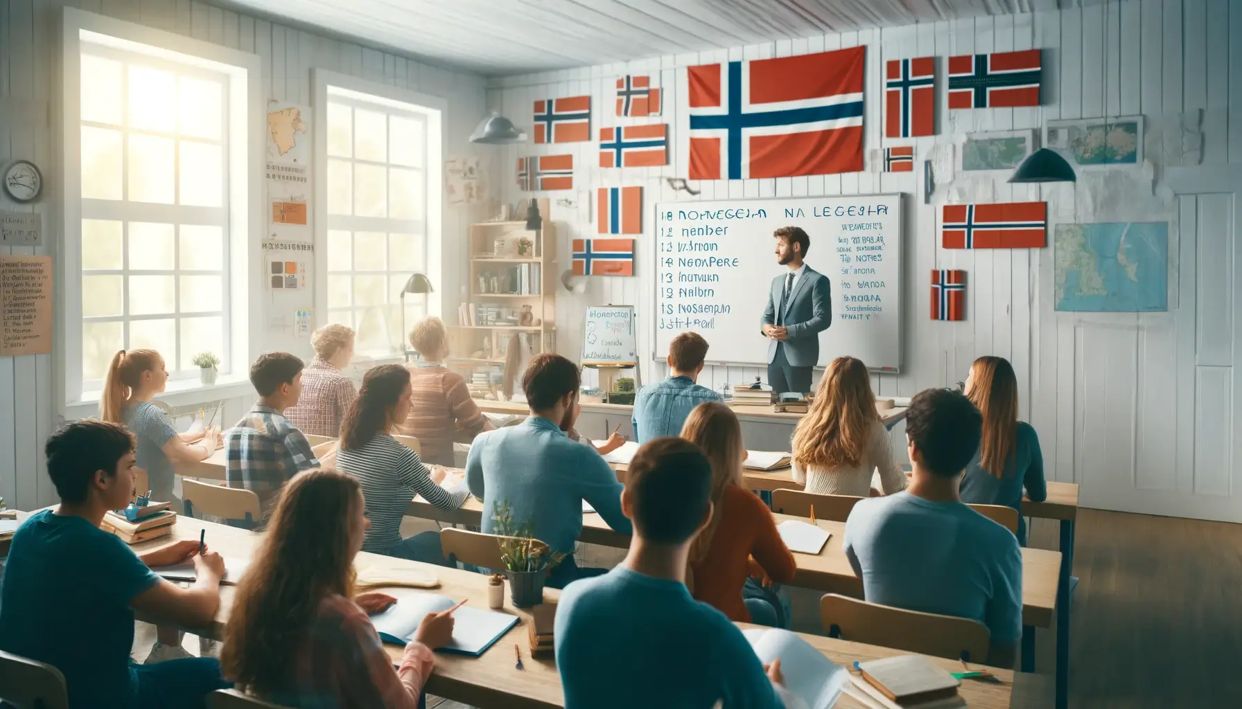 DALL·E 2024-06-05 10.31.12 – A classroom setting with students learning Norwegian language. The classroom has a teacher at the front, a whiteboard with Norwegian words written on (1)