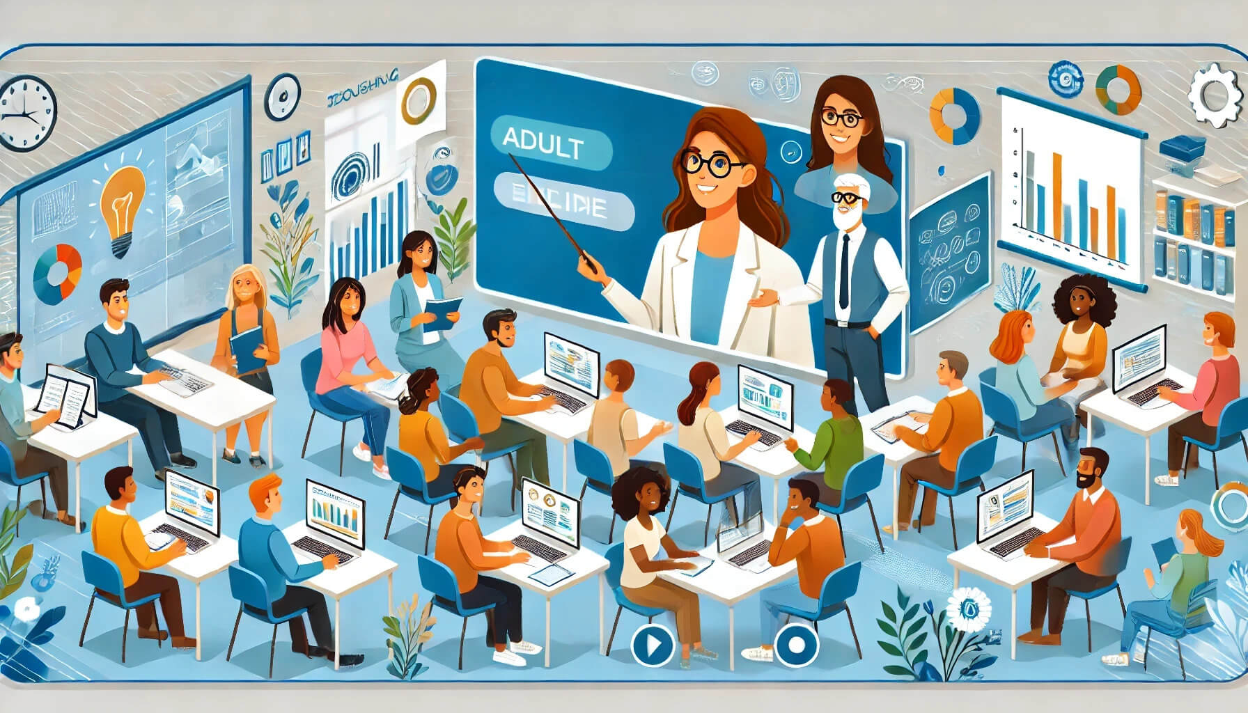 DALL·E 2024-07-24 15.26.51 – A promotional banner for a training program for adult educators. The banner should include an image of diverse adult learners in a classroom setting, (1)