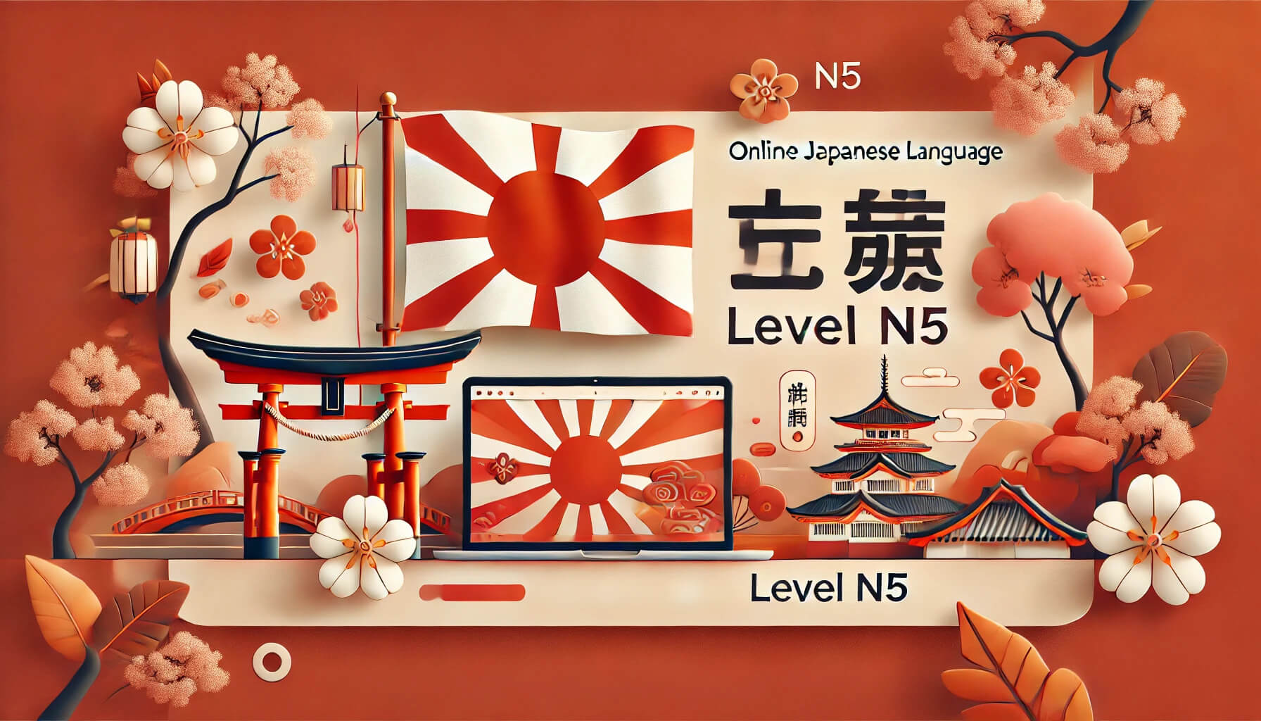 DALL·E 2024-06-29 13.11.39 – A banner for an online Japanese language course for level N5. It features the Japanese flag prominently, with elements of Japanese language and cultur (1)