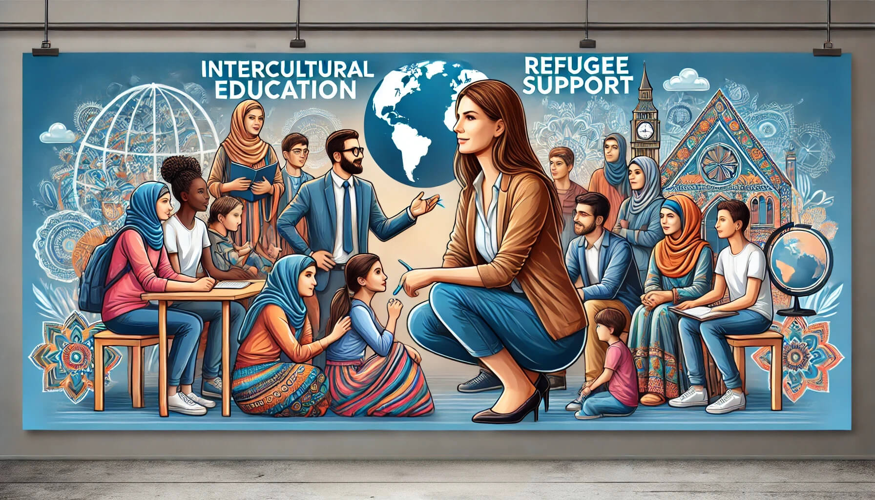 DALL·E 2024-09-19 18.34.45 – A promotional banner for a program on intercultural education and refugee support. The banner should feature an image of diverse individuals from diff (1)