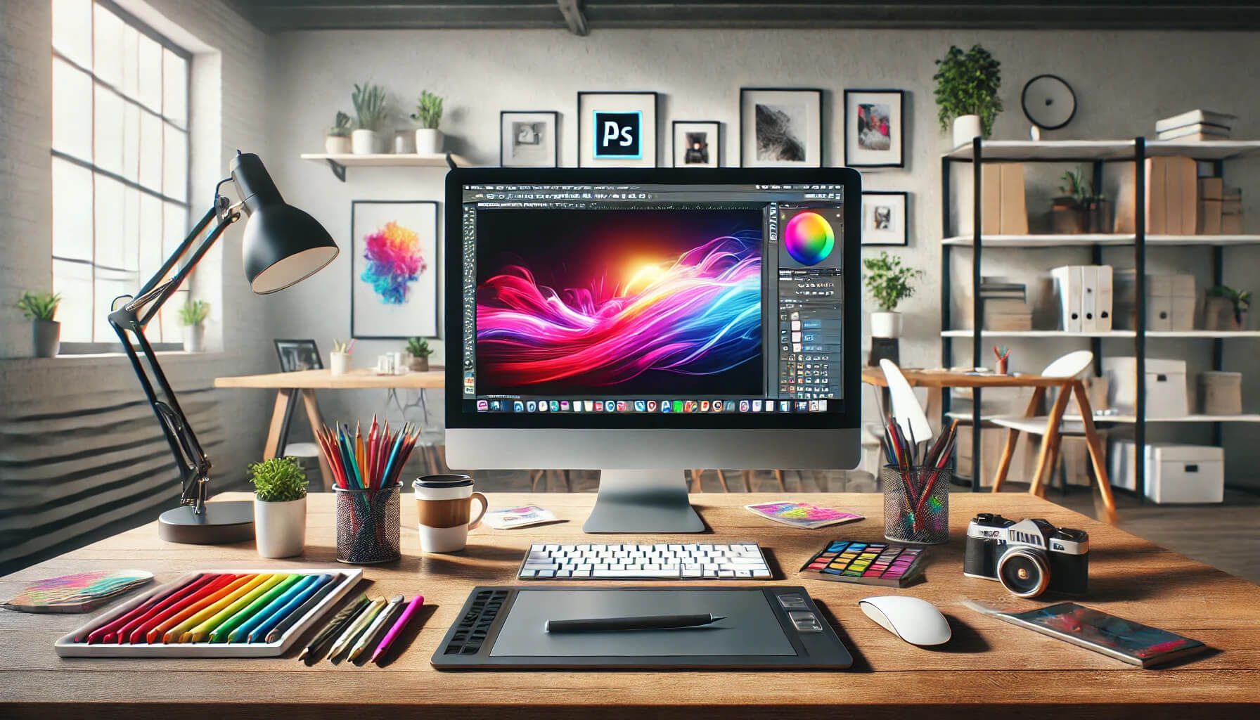 DALL·E 2024-10-15 19.16.21 – A realistic banner image depicting a workspace for a graphic designer. The scene includes a modern computer with Adobe Photoshop open on the screen, s (1)