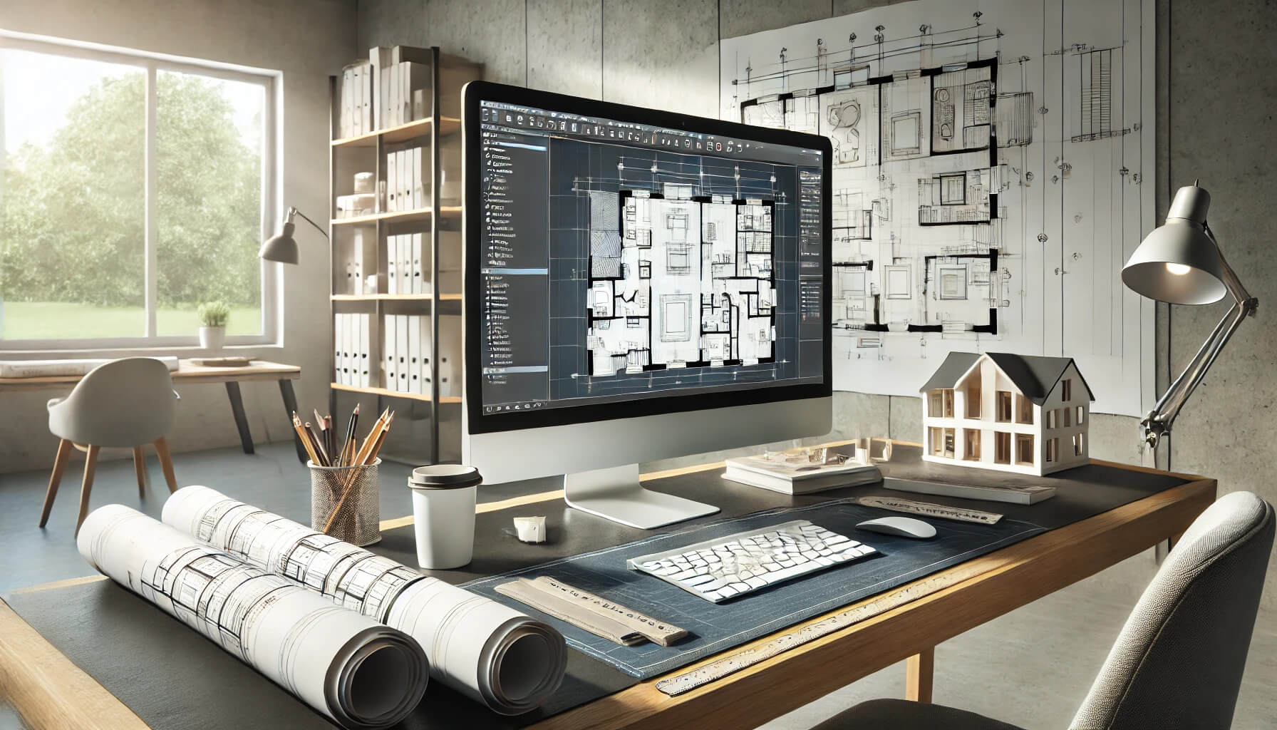 DALL·E 2024-10-16 18.23.41 – A realistic banner image depicting a modern architect’s workspace focused on AutoCAD software. The scene includes a large computer screen displaying d (1)